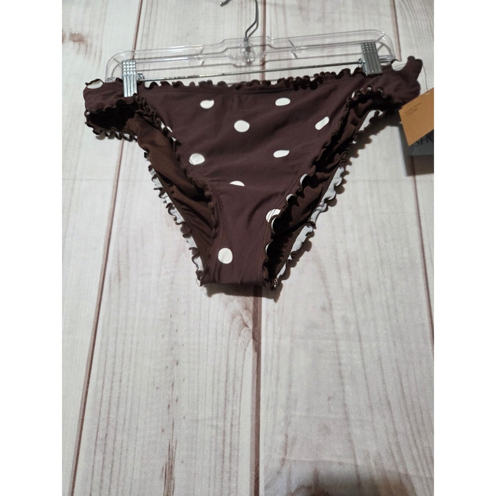 Shade & Shore Women Brown Polka Dot Ruffle Low Rise Cheeky Bikini Bottom L 12-14